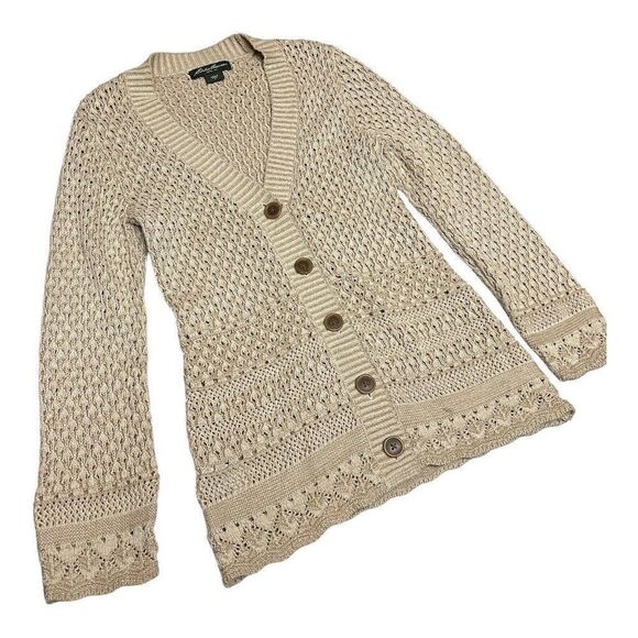 EDDIE BAUER Cardigan Sweater M Natural Beige Open Knit Button Layer Beach V-Neck - Picture 2 of 12